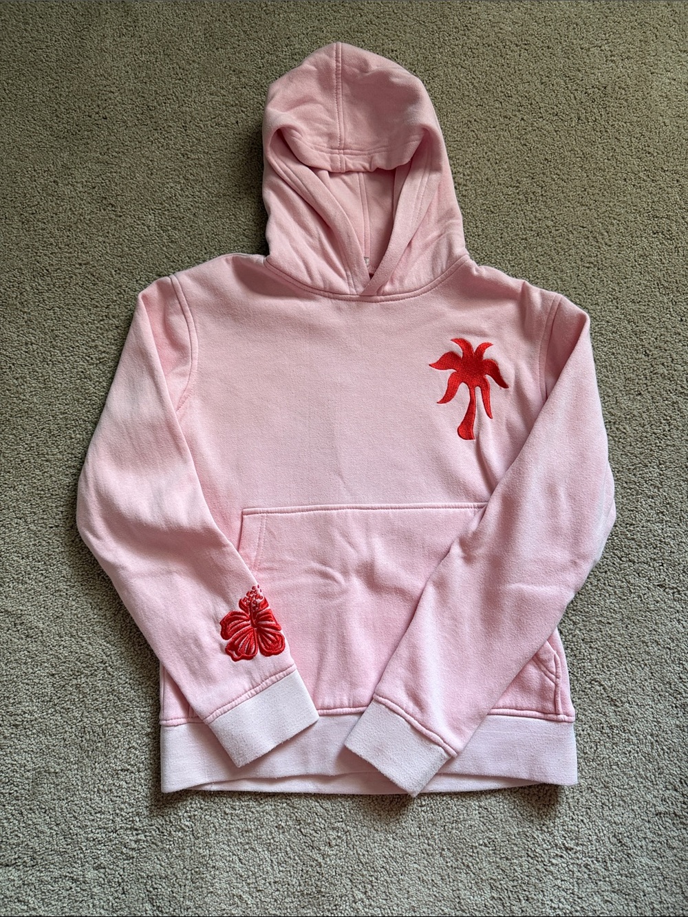 Pink Hooded Sweatshirt with Red Palm Embroidery